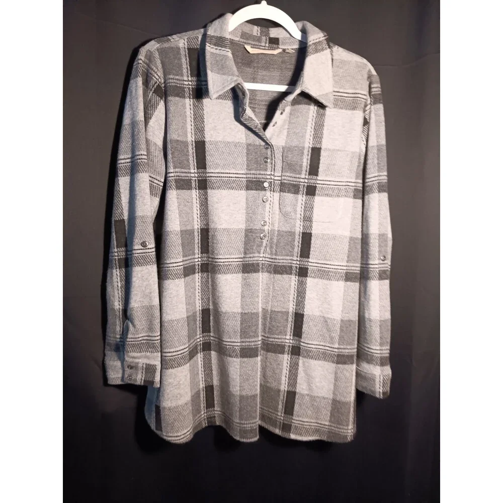 Soft Surroundings Medium Gray Black Plaid Collared Long Sleeve Flowy Tunic Top - Picture 2 of 6